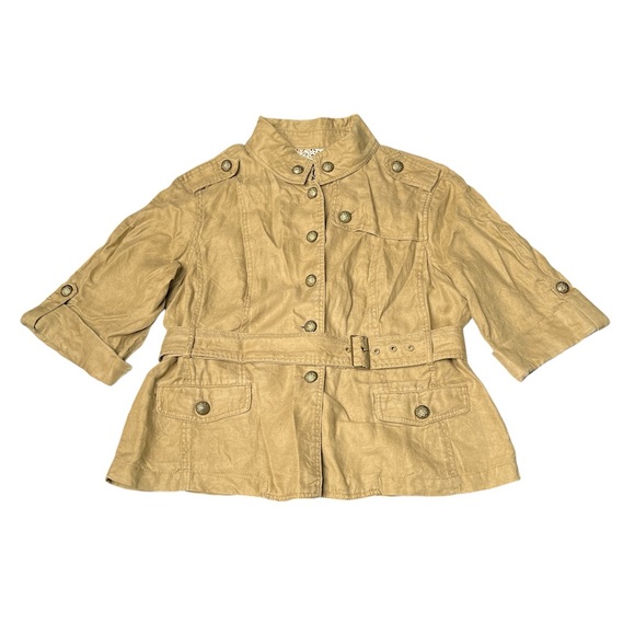 Live A Little Camel Linen Corduroy 3/4 Length Sleeves Button Up Belted Jacket L - Picture 1 of 9